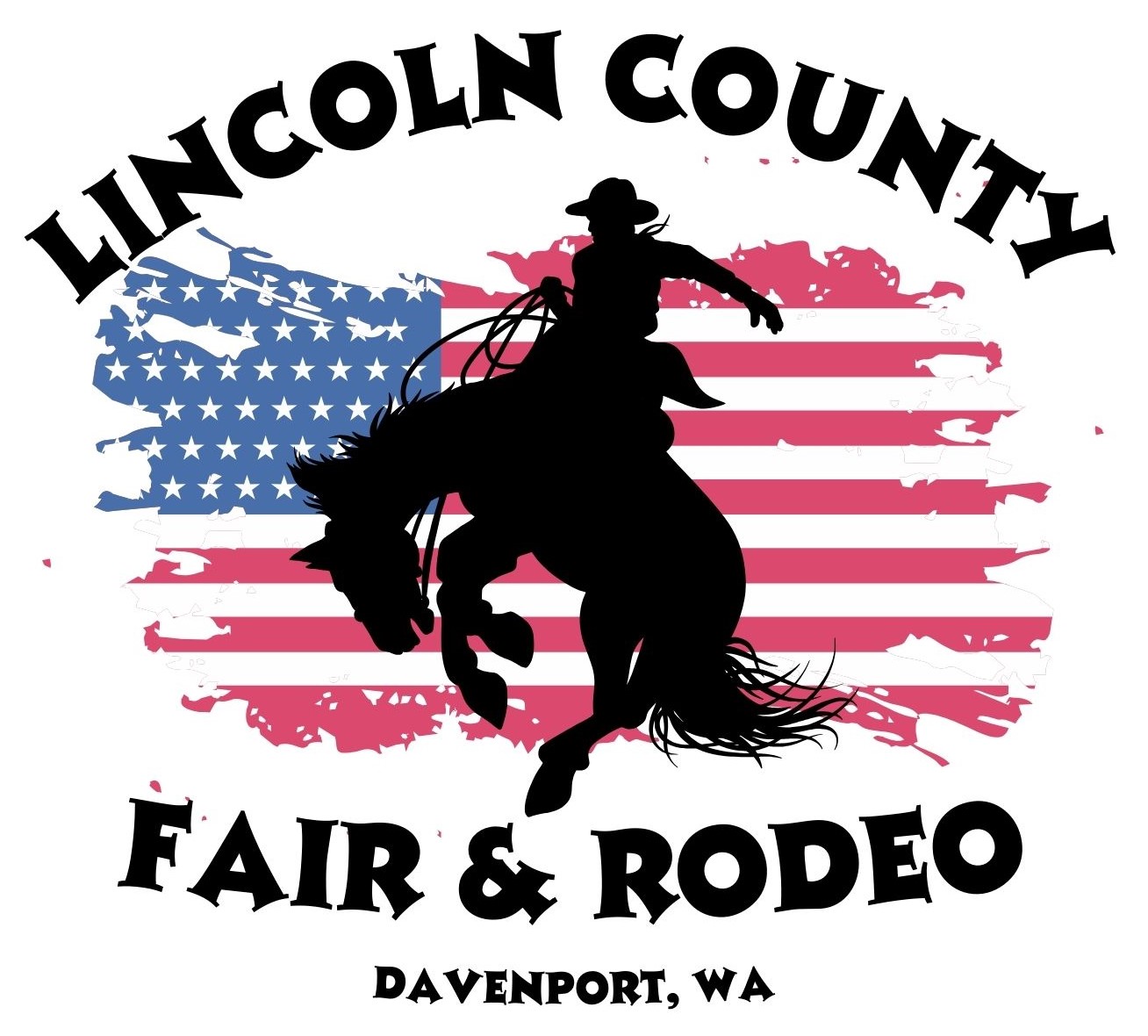 Lincoln County Fair & Rodeo logo, bucking horse with cowboy and American flag in background.